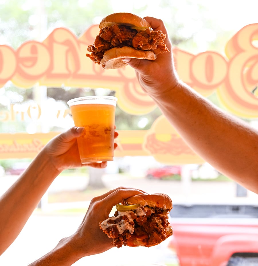 Bonafried chicken sandwiches and cold beer