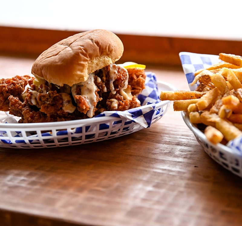 Bonafried fried chicken sandwich and fries